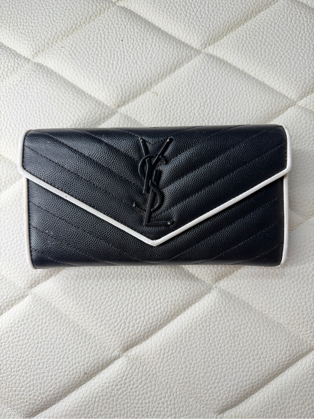 Saint Laurent Black Quilted Leather Envelope Wallet with White Piping